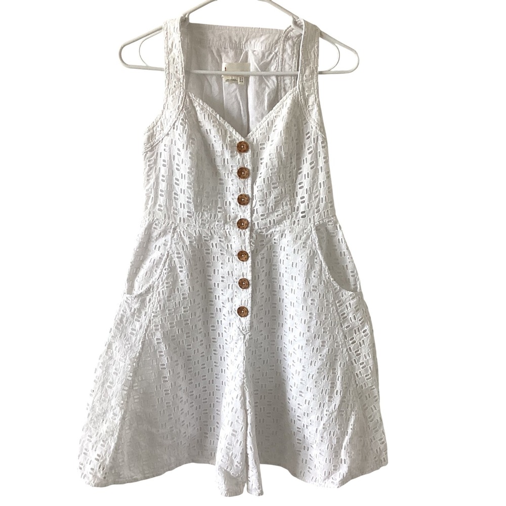 Anthropologie White Eyelet Cotton Button Front Romper Pockets Size 2 - Picture 1 of 12